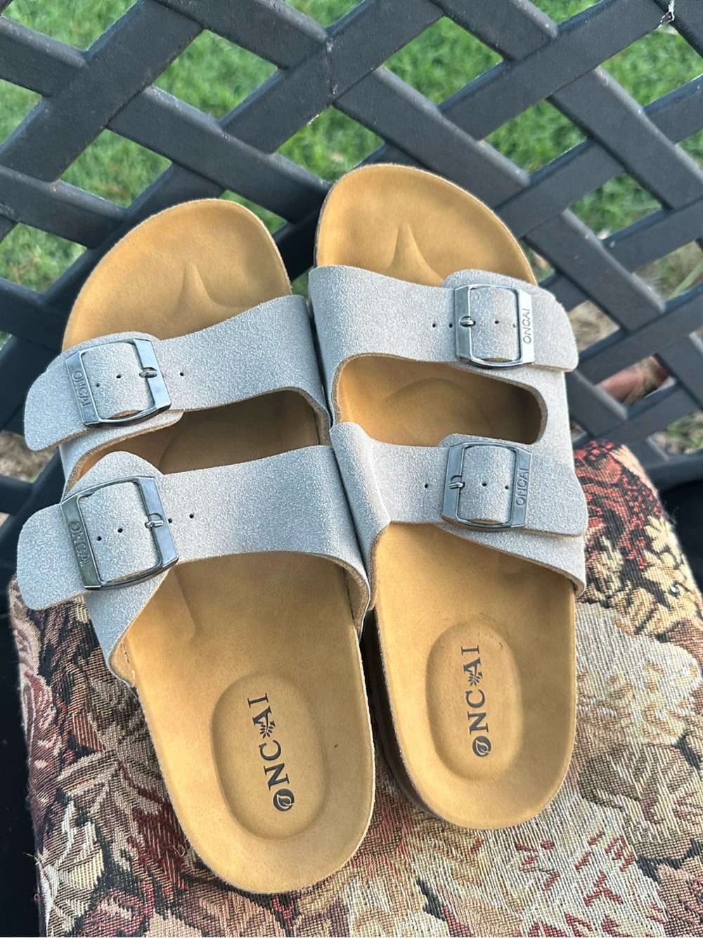 ONCAI Women's Flat Slide Sandals Comfort Cork Footbed Silver Gray Size 9.5